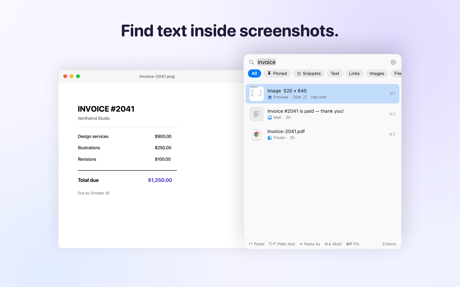 Searching 'invoice' in Pastora finds a screenshot of an invoice by the text inside it