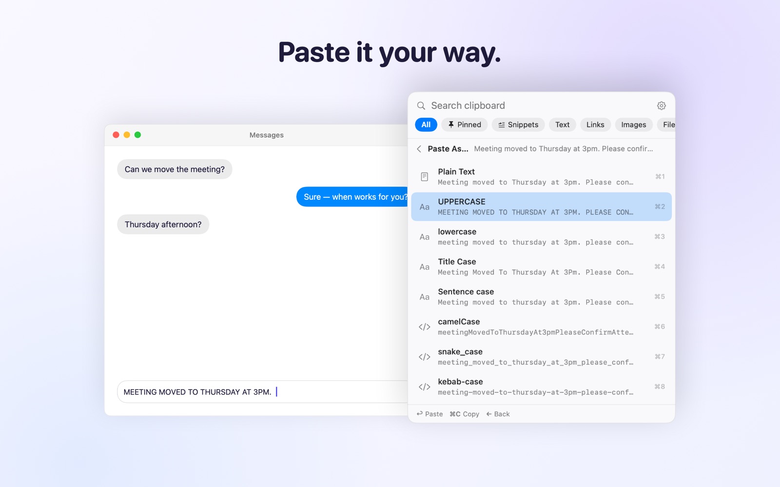 Pastora Paste As menu with UPPERCASE, lowercase, Title Case and camelCase previews