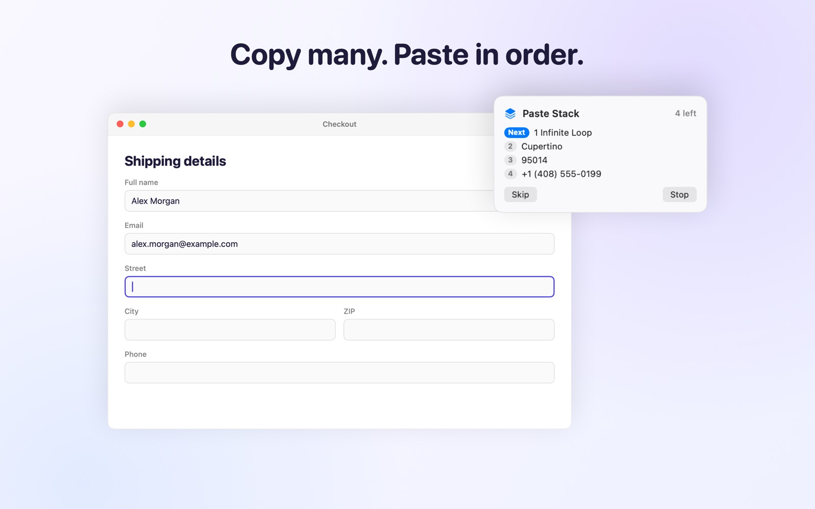 Pastora Paste Stack panel filling a checkout form in order