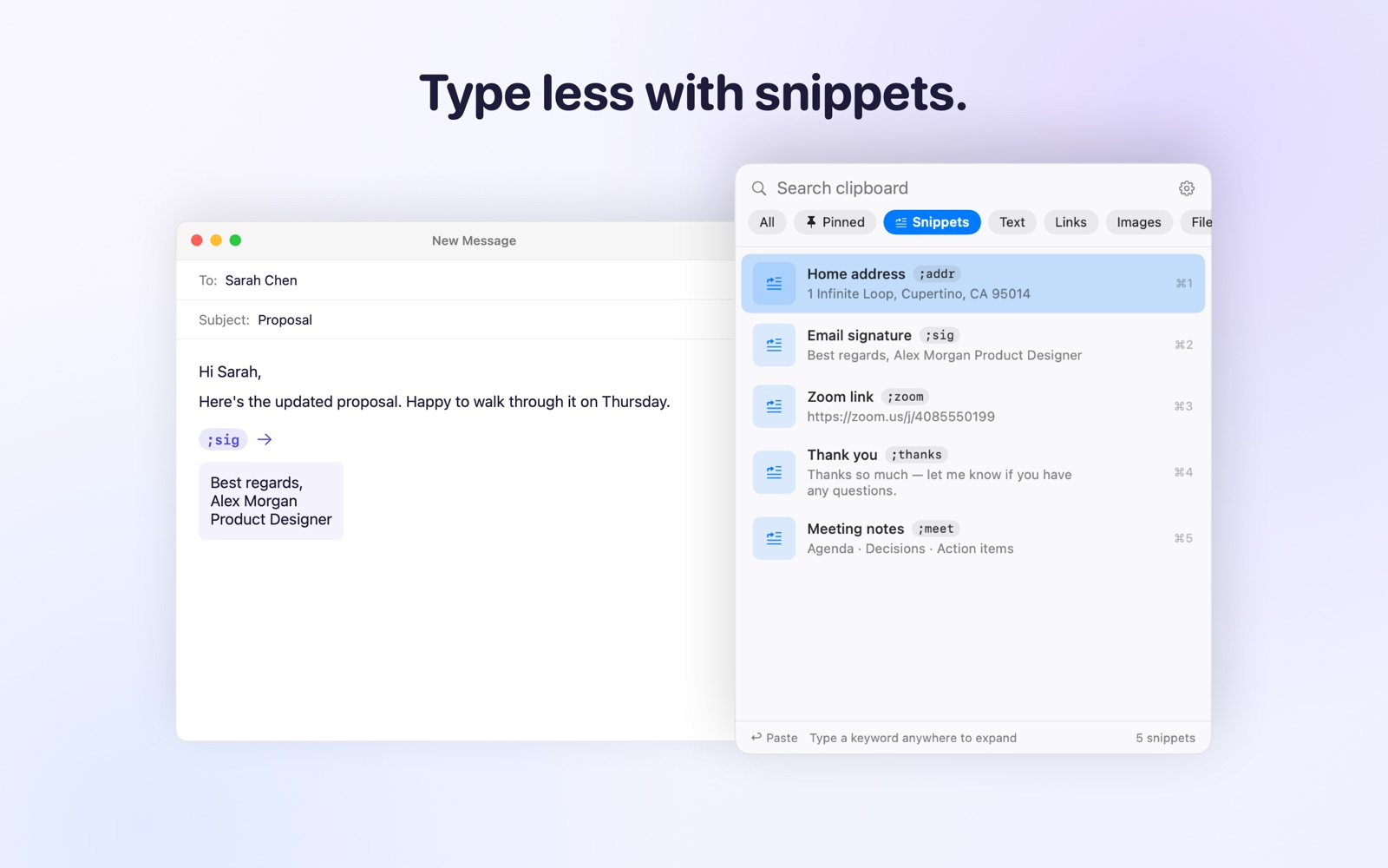 Pastora snippets list with keywords like ;addr and ;sig