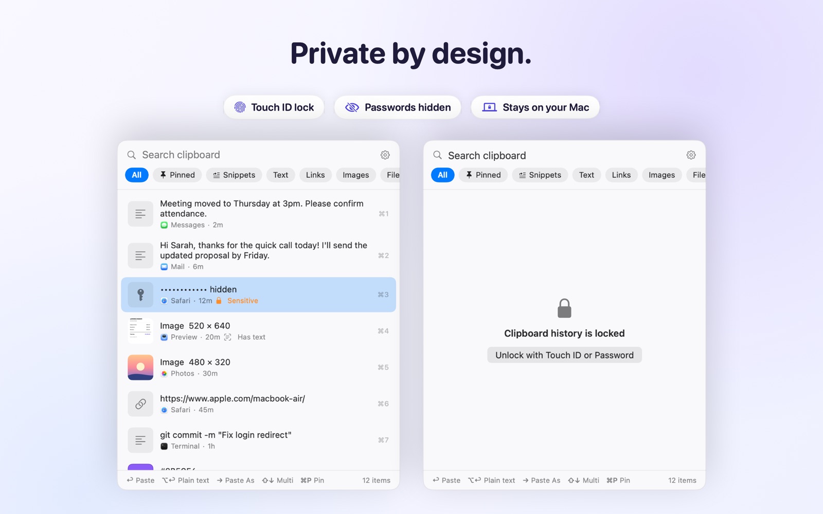 Pastora hides passwords and can lock the history with Touch ID