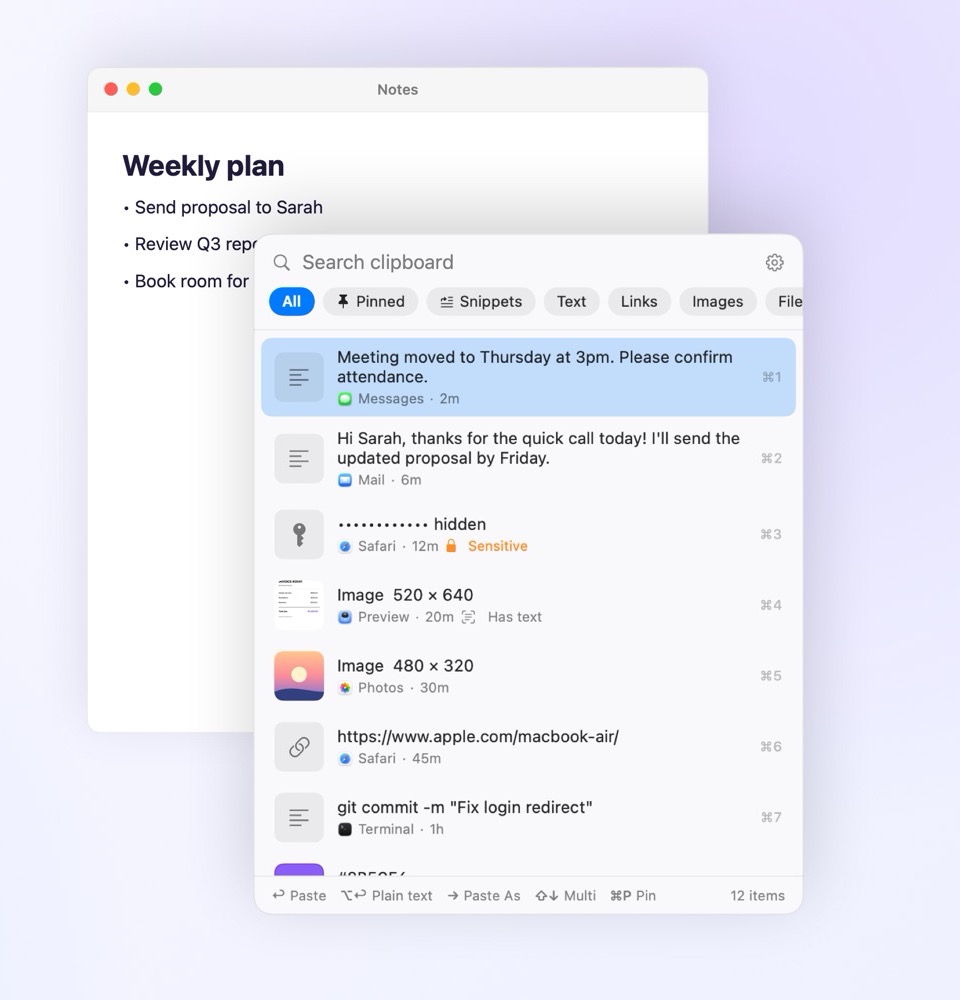 Pastora clipboard history popup on Mac, showing copied messages, a hidden password, images, a link and code